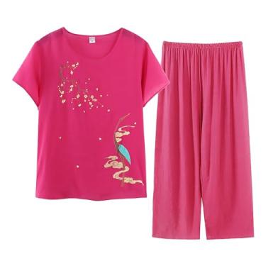 Imagem de Conjuntos femininos de linho de verão de 2 peças, camisetas de manga curta com calça de perna larga, roupas de férias plus size para idosos, Rosa choque, XX-Large