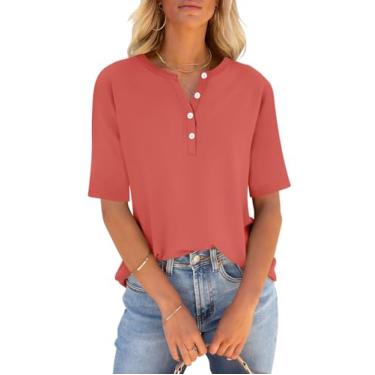 Imagem de PGANDS Camisetas femininas de botão, meia manga, gola canoa, verão, casual, caimento solto, Henley Tops, Coral, M