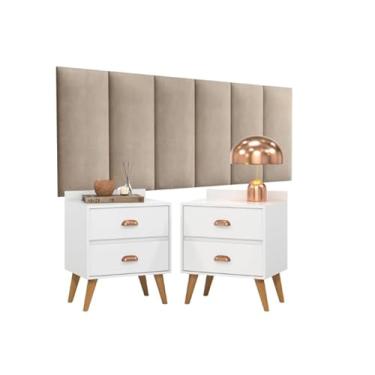 Imagem de Conjunto Para Quarto Cabeceira Julia Cama Queen Com 2 Mesas De Cabeceira Madero (Areia/Branco)