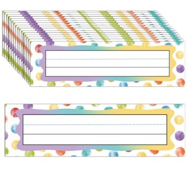 Imagem de Placas de identificação para mesa de sala de aula com pontos coloridos 24 x 7 cm, 48 peças, etiquetas de nome de mesa de confetes, manuscrito, aquarela, placas de nome, adesivos para decoração de
