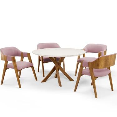 Imagem de Mesa De Jantar Redonda Cora 120cm Off White M04 com 04 Cadeiras Living Suran Bouclê Rosê - Lyam