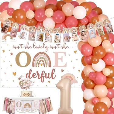 Imagem de Boho Rainbow 1st Birthday Decorations for Girl, Isn’t She Lovely Isn't She Onederful Backdrop Cake Topper Apricot Pink Balloon Garland Arch Kit High Chair Banner Photo Banner Number 1 Foil Balloon