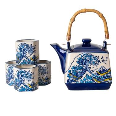 Imagem de Conjunto de chá de porcelana em formato quadrado perfeito estilo japonês, bule de chá com coador de madeira e 4 xícaras de chá hexagonais pintadas à mão Hokusai Kanagawa, conjunto de chá com design de