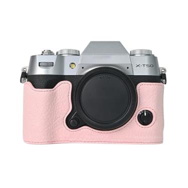 Imagem de VOVMOEYA Capa de câmera para câmera digital sem espelho FUJIFILM X-T50, meia capa Fuji XT50 com interior de microfibra macia, funciona bem com orifício de rosca de 1/10.2 cm-20 retrô couro PU lichia
