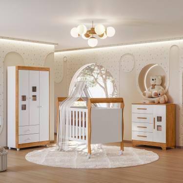 Imagem de Quarto de Bebê, Cômoda, Berço e Guarda Roupa Mila Tigus Baby - Branco/Amadeirado
