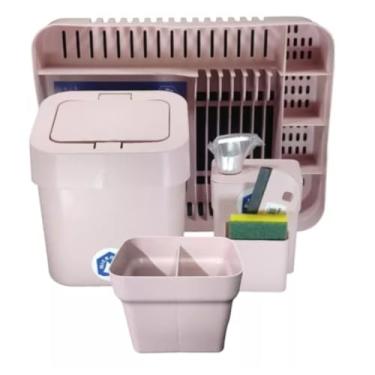 Imagem de Kit Pia Completo, Lixeira 4 Litros, Porta Detergente, Escorredor de Talheres, Escorredor de Louça (Jogo Pia Completo Rosa)