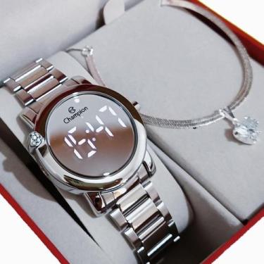 Imagem de Relógio Feminino Champion Original Digital Prata Espelhado Led Branco 