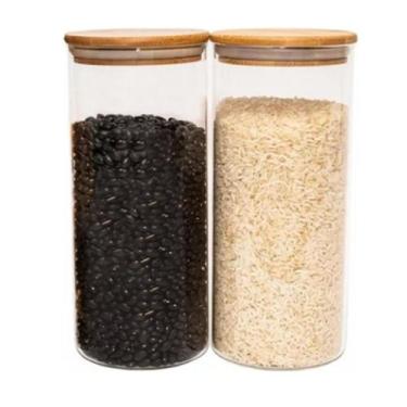 Imagem de Kit 2 Potes Hermético Vidro Tampa Bambu 1400ml  Porta Alimentos Mantim