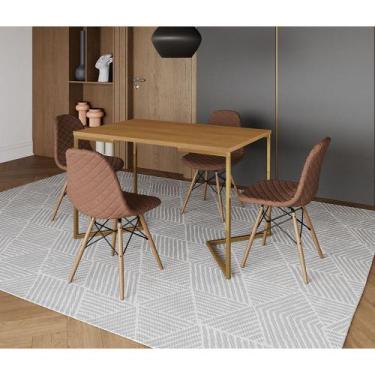Imagem de Mesa Jantar Industrial com 4 Cadeiras Estofada Caramelo Madeira Tampo 