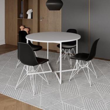 Imagem de Mesa Industrial Jantar Redonda Branca 110cm Base V com 4 Cadeiras Eame