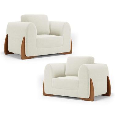 Imagem de Kit 02 Poltronas Decorativas Living Bloom Com Pés De Madeira Bouclê Off White - Desk Design