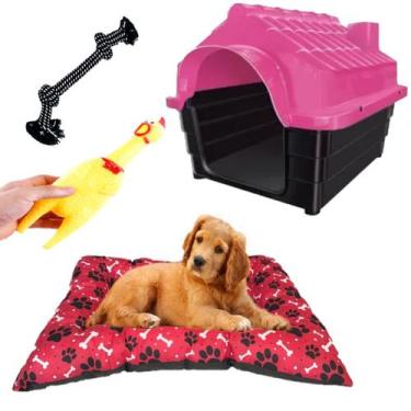 Imagem de Casa P/ Cachorro Casinha N4 Rosa + Brinquedo + Colchão Rosa - MecPet