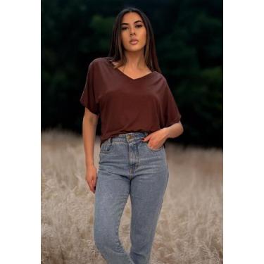 Imagem de Blusa Básica Morcego Malha Gola V Manga Curta Marrom - Amazonia Vital
