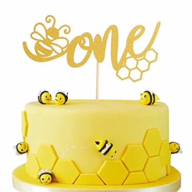 Imagem de Gold One Bee Cake Topper - Topo de bolo de abelha de primeiro aniversário, topo de bolo de abelha com glitter dourado para decoração de festa de chá de bebê, enfeite de bolo de 1º aniversário de mel