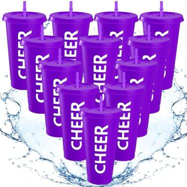 Imagem de Layhit Copos de Cheerleader Gifts Cheer Tumbler a granel 680 g Copo de plástico para líder de torcida com canudo e tampa Copos de viagem reutilizáveis para treinador (roxo, 12 conjuntos)