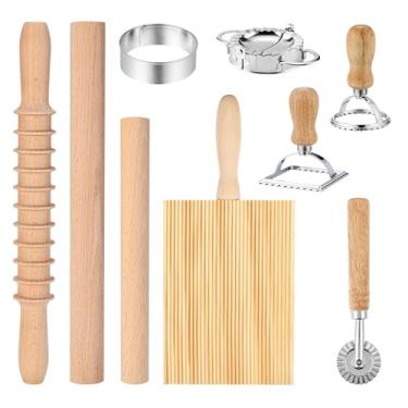 Imagem de Conjunto de 9 ferramentas para fazer massas, rolo de madeira, placa de nhoque, cortador de carimbo de ravióli, roda de cortador de pastelaria, prensa de bolinhos, molde de pele Pierogi para fazer