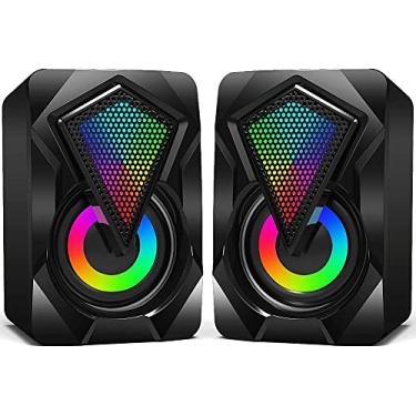 Imagem de wiwipenda Alto-falantes de computador, alto-falantes com fio 2.0, alimentados por USB, mini controle de volume multimídia, luzes RGB para jogos, alto-falantes com conector de 3,5 mm para monitor de computador e laptop