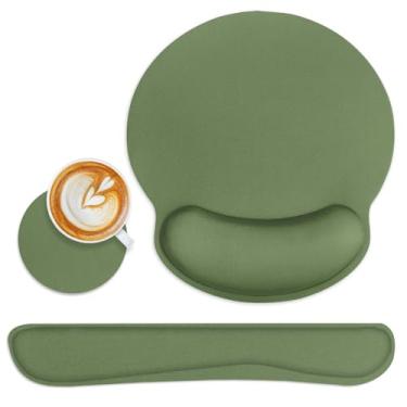 Imagem de Britimes Conjunto de mouse pad ergonômico verde com descanso de pulso base de borracha antiderrapante suporte de almofada de pulso e porta-copos mousepad com suporte de pulso para teclado de