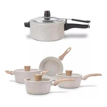 Imagem de Kit panela de pressão 3l cerâmica vanilla brinox + jogo panelas 4 peça