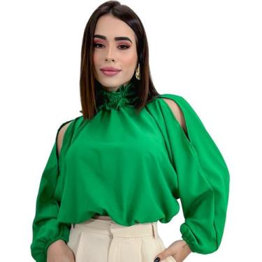 Imagem de Blusa Bata Feminina Gola Alta Manga Bufante Ombro Vazado - Swiss Bouti