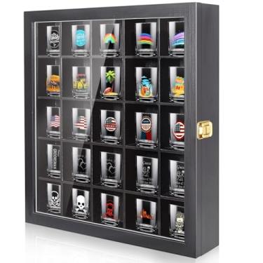 Imagem de Tutata Vitrine de vidro de shot - Suporte de 25 compartimentos com porta, estojo de armazenamento montado na parede - Preto