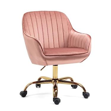 Imagem de SPOFLYINN Cadeira giratória de veludo escuro de 360° com encosto alto, encosto largo confortável com apoio de braço humanizado, cadeira de trabalho ajustável com base dourada rosa