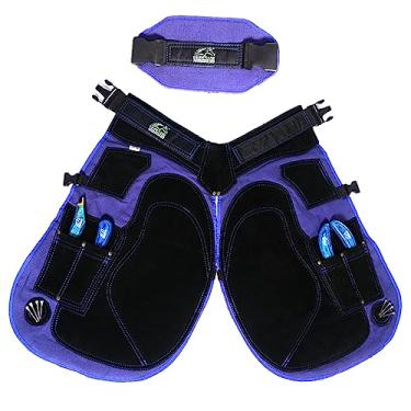 Imagem de Equine Care Avental Farrier – Couro de camurça de vaca de 58,4 cm a 68,6 cm e tela de 500 GSM, cintura ajustável 71 cm a 132 cm, suporte para as costas, 4 bolsos para facas de casco e 2 ímãs de unha