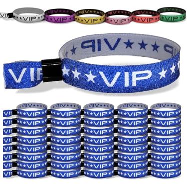 Imagem de TARACANA Pacote com 100 pulseiras de festa VIP de glitter azul com clipe de bloqueio seguro. Pulseiras VIP brilhantes ajustáveis para eventos, festas, casamentos e festivais