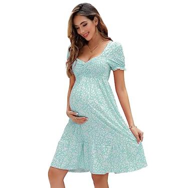 Imagem de FUNJULY Vestido de maternidade feminino evasê decote coração plissado rodado mini vestido de maternidade boho para convidada de casamento verde claro floral M