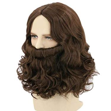 Imagem de Lemarnia Wizard Wig e Barba Set Brown Curto Cabelo Encaracolado para Cosplay Bíblia Jesus Homens Halloween Costume Wig