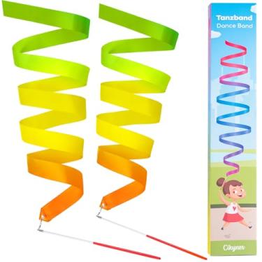 Imagem de Cikyner Fita de ginástica, pacote com 2 bandas coloridas de ginástica com bastão, faixa de dança infantil arco-íris para escola e jogos em casa, ideal para meninas na festa de aniversário infantil ou