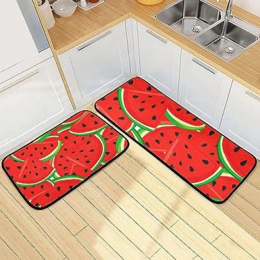 Imagem de Conjunto de tapetes e tapetes de cozinha antifadiga com 2 peças de frutas melancia tapete de banho antiderrapante tapete de entrada tapete de porta de entrada corredor 51 x 71 cm + 51 x 119 cm