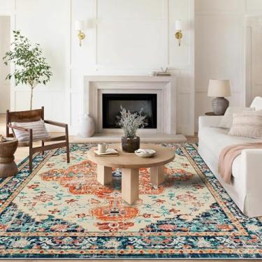 Imagem de U'Artlines Boho Vintage Tapete de área 20 x 25 cm lavável à máquina Tapete macio antiderrapante antiderrapante para sala de estar, quarto, entrada, sala de jantar, escritório, laranja/multi