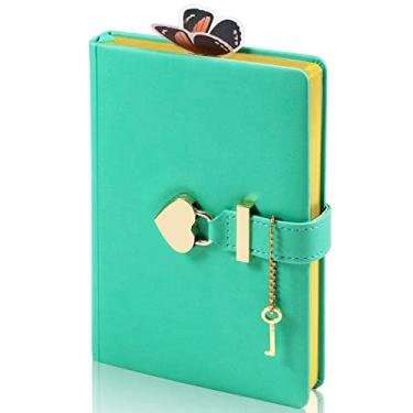 Imagem de Diário de cadeado em forma de coração com chave, caderno secreto de couro PU com cadeado para meninas mulheres meninos, marcador de livro de borboleta 3D, espesso, B6,5 x 7 polegadas, verde