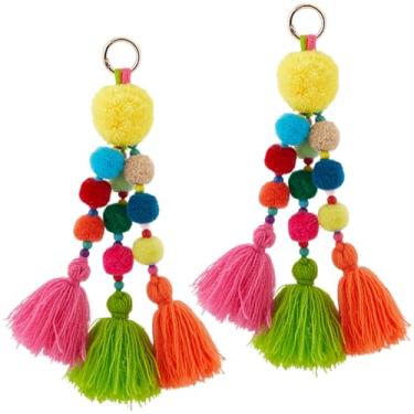 Imagem de Beebeecraft 2 peças Boho borla bolsa berloque colorido pompom borla chaveiro macramê para mulheres bolsa de palha bolsa bolsa bolsa acessórios de decoração