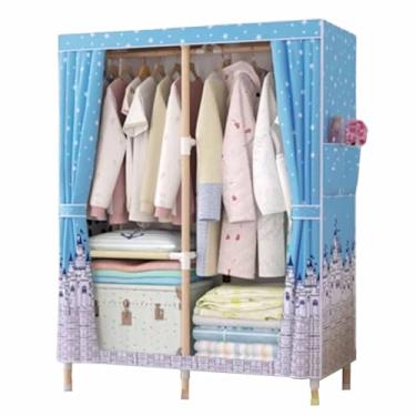 Imagem de Guarda-roupa Armário de guarda-roupa resistente dobrável grosso madeira maciça montado oxford pano único tecido dormitório aluguel pano guarda-roupa armário