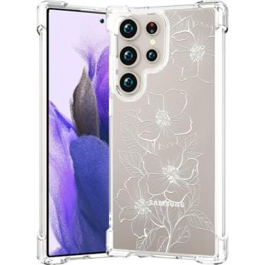 Imagem de CCFUNCASE Compatível com Samsung Galaxy S25 Ultra capa transparente fofa para mulheres - Capas de telefone robustas Funda Capa protetora (folhas florais de flores brancas)