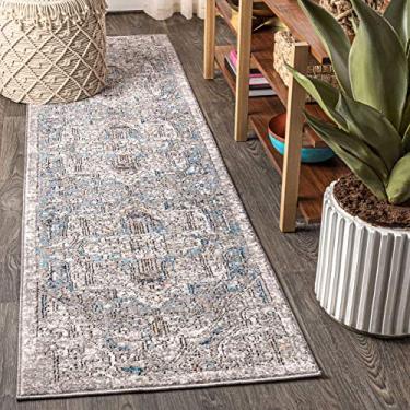 Imagem de JONATHAN Y Izmir Vintage Medalhão Cinza/Mostarda/Turquesa 60 cm x 2,4 m. Tapete de corredor, Vintage, Fácil Limpeza, Para Quarto, Cozinha, Sala de Estar, Sem Queda