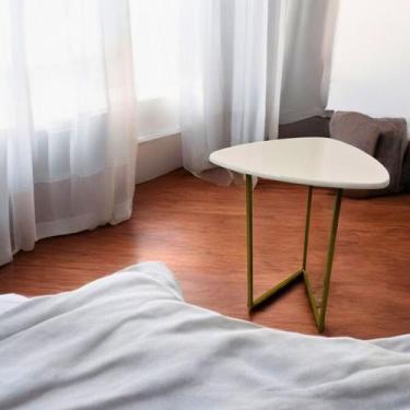 Imagem de Mesa Lateral Sofá Apoio Off White Pé Ferro Dourado Moderna - Casa Roma