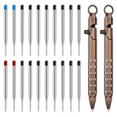 Imagem de Origin-Joy Conjunto de 2 canetas Bolt Action, canetas táticas de bolso EDC de latão sólido de seis bordas com 20 refis esferográficas (bronze vermelho)