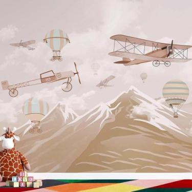 Imagem de Papel de Parede Infantil de Balões e Aviões em Montanhas - AloPapers, 