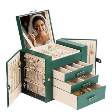Imagem de ASINGYER Caixas de joias para mulheres, organizador de joias de 4 camadas com 2 portas para pendurar colares e 2 armários para pendurar brincos, caixa de joias grande com espelho (verde)