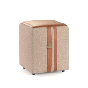 Imagem de Puff Quadrado Estofado Suede Assento Em Couro Com Detalhes Decorado Closet Quarto Sala (Bege/Couro Marrom)