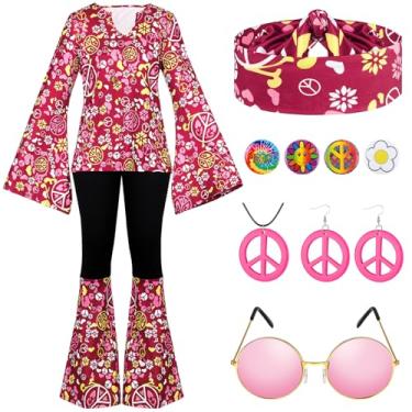 Imagem de Jiuguva 17 peças de roupas femininas hippie dos anos 60 e 70 para discoteca, vestido boêmio, calça rodada, camisa hippie, faixa de cabeça, conforme mostrado na imagem, Large