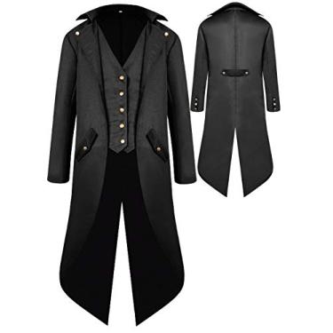 Imagem de BITSEACOCO Jaqueta masculina gótica medieval, casaco vintage vitoriano Steampunk com gola alta, Preto, G