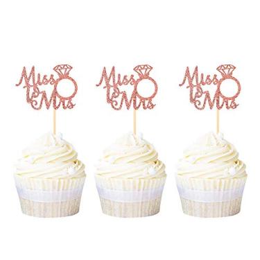 Imagem de Ercadio Pacote com 24 enfeites de cupcake Miss to Mrs ouro rosa glitter anel de casamento escolhas de cupcake chá de panela aniversário festa de noivado decoração de bolo suprimentos