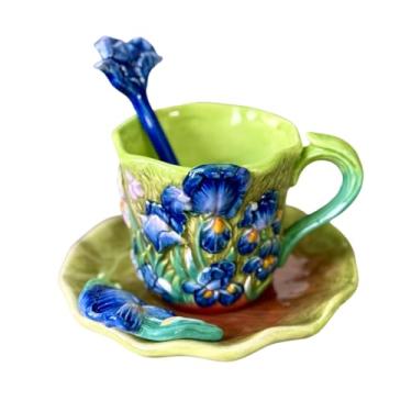 Imagem de FORLONG Conjunto de caneca de café e pires de cerâmica Van Gogh com colher, caneca de chá 3D feita à mão e pintada à mão, flor de 170 g