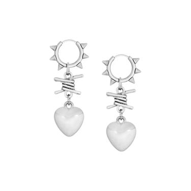 Imagem de Sacina Brincos de argola de arame farpado com coração prateado, One Size, Zinco Aço inoxidável, Sem pedra preciosa