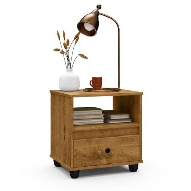 Imagem de Mesa de Cabeceira Quarto Mesinha Apoio Lateral Cama Box Casal Estilo Decoração Retrô 1 Gaveta - Freijó