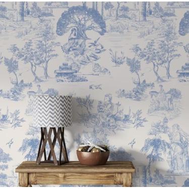 Imagem de NEKOKOYA Papel de parede de contato azul vintage 45 cm x 299 cm para quarto papel de parede autoadesivo removível francês retrô linha desenho papel de parede vinil decorativo